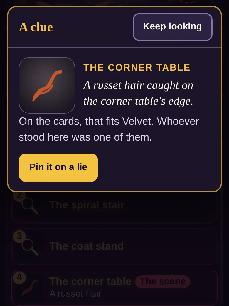 A clue's sheet: a russet hair caught on the corner table's edge, and whose card it fits
