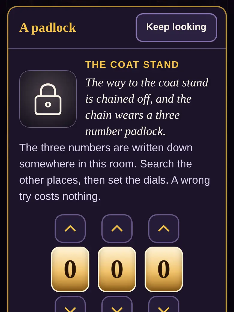 A padlock's sheet: the place chained off and three number dials with arrows