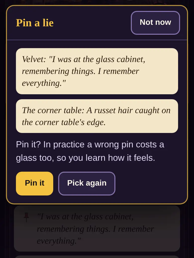 Pin a lie: a statement and the clue that breaks it, with Pin it