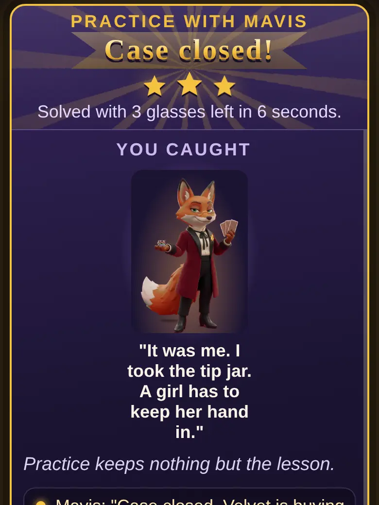 Case closed: three stars and the culprit caught, in Mavis's practice case