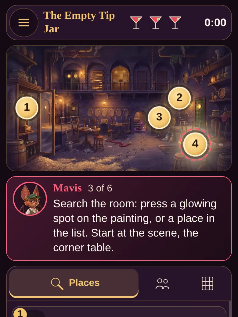 A case: the painting of the room with its numbered glowing spots, Mavis's words, and the list of places
