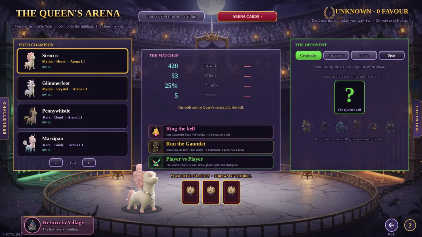 The Queen's Arena: pick your champion, see the matchup, and ring the bell, run the Gauntlet or take on another player.