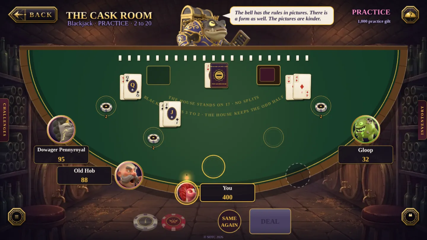 A practice blackjack table in the Cask Room of the Gilded Hush, with the house regulars seated around the felt.