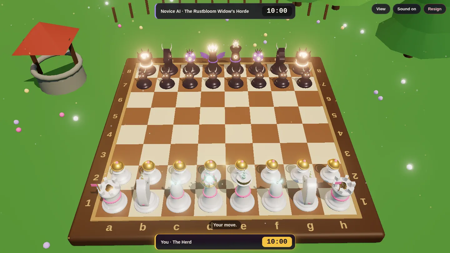 The Corn Gambit: the 3D board on the Village Green, the Herd's white and pink pieces facing the Horde's dark ones, with each side's name and clock above and below.