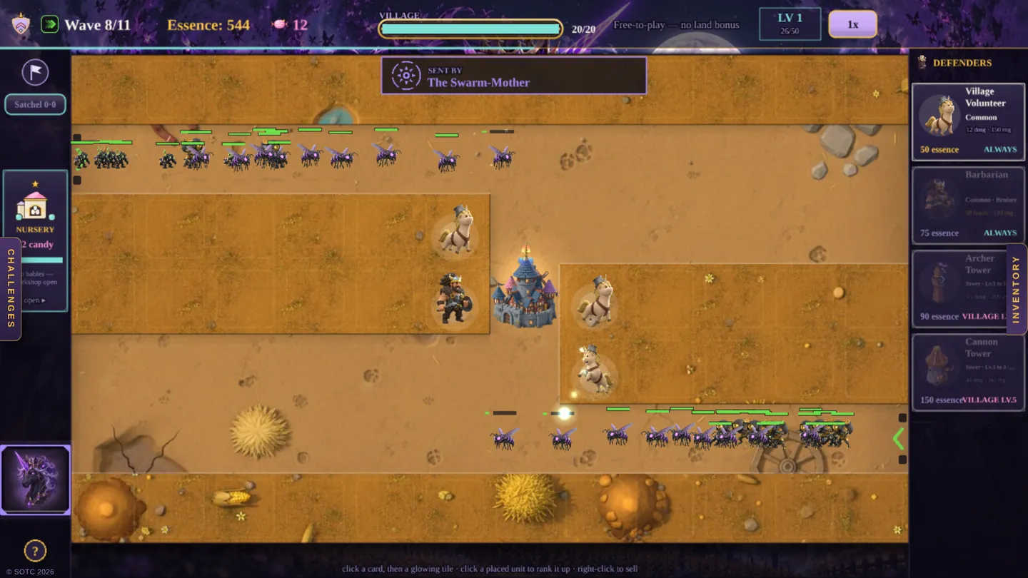 The Fields on wave 8: the Swarm-Mother's Nightbuzzers pour in from two gates while unicorns and the Barbarian hold the ground beside the road.