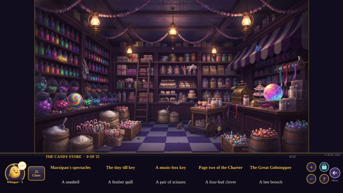 A hidden object hunt in the Candy Store, with the list of things to find along the bottom and Pip in the corner.