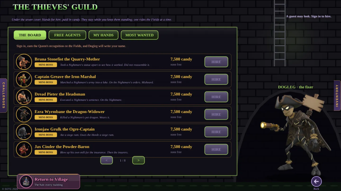 The Thieves' Guild: a list of mercenaries for hire with their ranks and prices, and Dogleg the fixer in the archway.