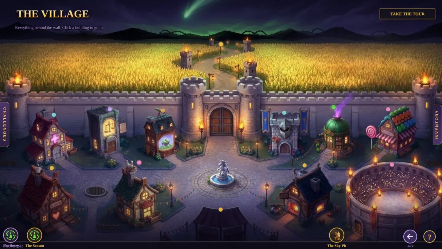 The Village at night: the wall, the gate, the fountain and the shops, the Arena on the right, the glowing cornfield beyond.